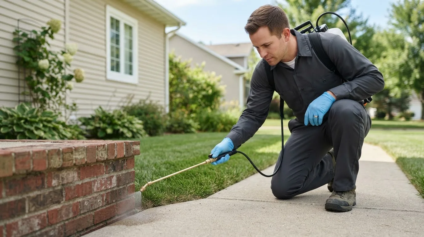 Pest control technician treating a home near Russell, IA