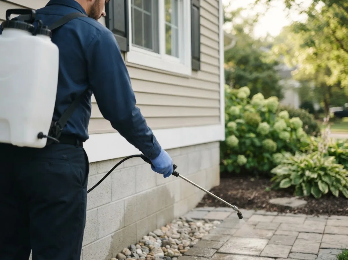 Pest control technician inspecting a home in Russell, IA